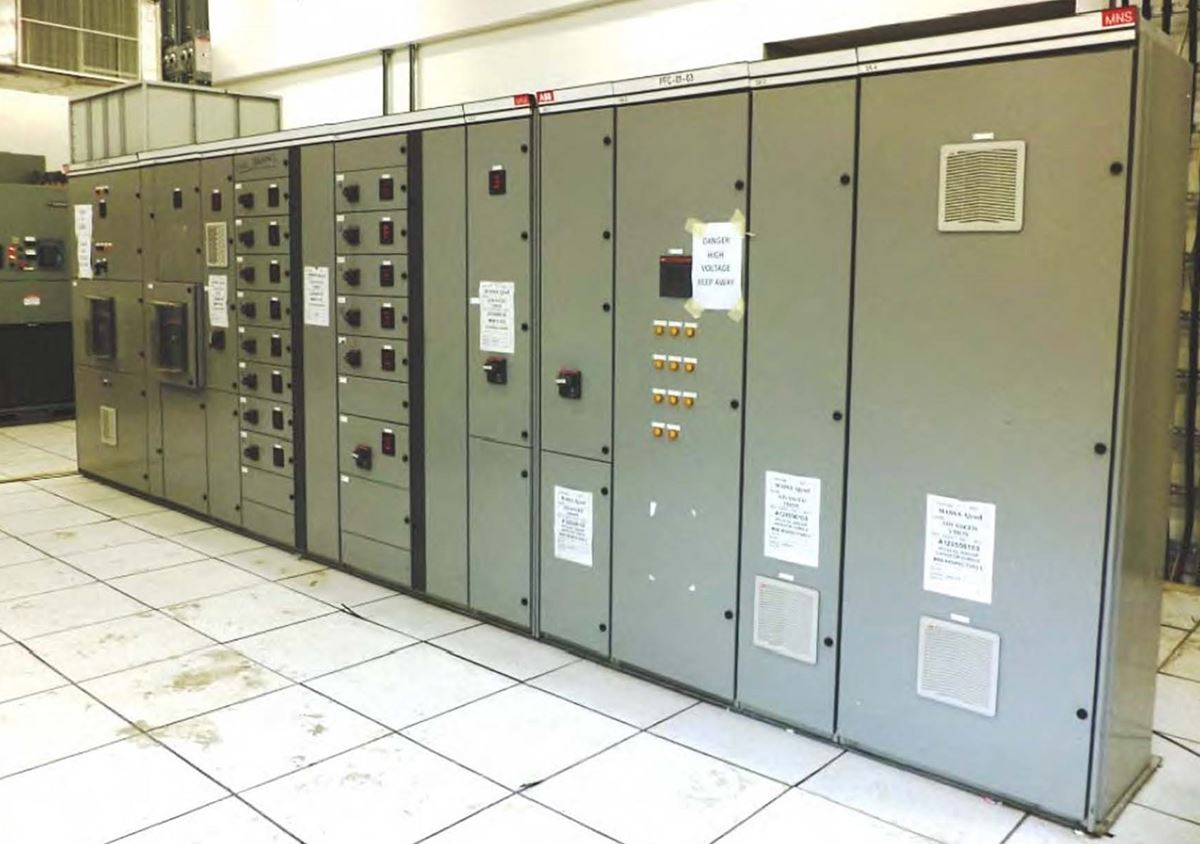Low-voltage switchgear line-up in an electrical room
